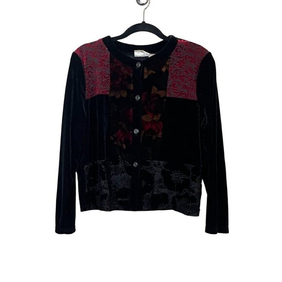 Kathie Lee Collection Jacket Women L Black Patchwork Burnout Granny Retro Boho - Picture 1 of 12